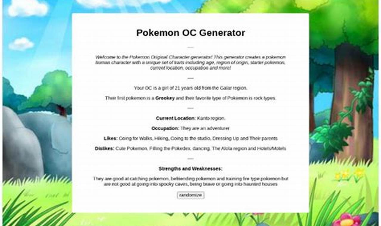 Unleash Your Inner Creator: Pokemon OC Generator Tool Today! Pokémon Guide & Updates – Latest News, Games, Cards, and Tips Unleash Your Inner Creator: Pokemon OC Generator Tool Today! | Pokémon Guide & Updates – Latest News, Games, Cards, and Tips